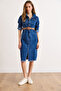 Women's Dark Blue Belted Pocketed Front Slit Midi Denim Dress Elb-19002611 - 2