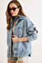 Women's Light Blue Sequin Embroidery Detailed Washed Denim Jacket Ckt-19000522 - 3