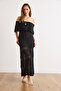 Women's Black Boho Carmen Collar Maxi Openwork Cotton Knitwear Dress Elb-19002619 - 2