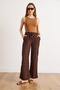 Women's Brown Elastic Waist Textured Flowy Wide-Leg Trousers Pnt-19000399 - 2