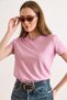 Women's Pink Crew Neck Stretch Washed Cotton T-Shirt Tsh-19000972 - 4