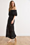 Women's Black Boho Carmen Collar Maxi Openwork Cotton Knitwear Dress Elb-19002619 - 4