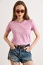 Women's Pink Crew Neck Stretch Washed Cotton T-Shirt Tsh-19000972 - 2