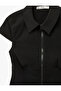 Slim Fit Short Sleeve Classic Collar Zipper Crop Shirt - 5