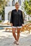 Black Stand-Up Collar Buttoned Long Sleeve Buttoned Casual Muslin Woven Shirt 75 63 - 4