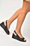 Y555344003 Black Genuine Leather Wedge Sole Women's Sandals - 3