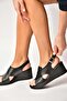 Y555340503 Black Genuine Leather Wedge Sole Women's Sandals