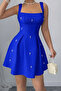 Cobalt Blue Square Collar Strap Dress with Pearl Detail and Pleated Crepe Fabric