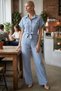 Women's Baby Blue Front Buttoned Belted Waist Pocketed Bat Sleeve Palazzo Jumpsuit Arm-24Y001105