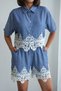 Women's Denim Look Stylish White Lace Embroidered Short Sleeve Shirt Shorts Set