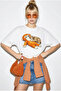 Women's White 100% Cotton Crew Neck Monkey Punch Printed Oversize T-Shirt Öt261036 60286078 - 2