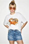 Women's White 100% Cotton Crew Neck Monkey Punch Printed Oversize T-Shirt Öt261036 60286078 - 3