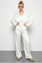 Women's White Satin Detailed Hooded Waist-Tied Top and Bottom Set 4098 60283982 - 2