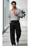 Men's Black-White Striped Waffle Fabric Long Sleeve Shirt - 2