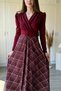Padded Plaid Skirt Belted Midi Burgundy Dress - 2