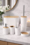 6 Piece White Bathroom Set, Bamboo Detail, 8L Trash Can 24X26X16 cm