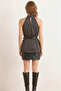Women's Black Polka Dot Halter High Neck Buttoned Sleeveless Pleated Crepe Fabric Blouse - 8