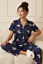Women's Butterfly Patterned Shirt Collar Short Sleeve Long Cool Milan Fabric Pajama Set