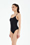 Women's Black Solid Color Swimsuit with Piping Detail and Detachable Thin Covered Round Neckline - 2