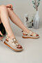 Women's Beige Gold Buckle Detailed Casual Summer Comfortable Sandals