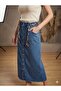 Banny Jeans Front Side Buttoned Midi Length Lycra Navy Blue Jean Skirt with Scarf Belt - 3