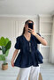 Women's Navy Blue Oversized Muslin Blouse with Tie Detail