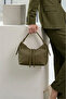 Dark Khaki Soft Faux Leather Baguette Bag with Gold Detail - 7