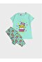 Girl's 100% Cotton Green Cat Patterned Short Sleeve Summer Pajama Set - 2