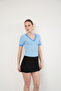 D 3006 Collar and Sleeve Cuff Guipure V-Neck T-Shirt - Blue |   D3006 - Blue - 3