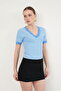 D 3006 Collar and Sleeve Cuff Guipure V-Neck T-Shirt - Blue |   D3006 - Blue