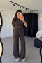 Women's Brown Half-Zip Crop Top Wide-Leg Pants Two-Piece Set
