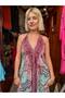 Turquoise Color Gold Detailed Halter Neck Backless Silk Dress - 2