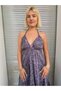 Purple Color Gold Detail Halter Neck Backless Silk Dress - 6