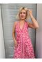Fuchsia Color Gold Detailed Halter Neck Open Back Silk Jumpsuit - 4