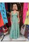 Green Color Gold Detailed Embroidered Silk Dress with Straps