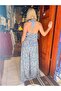 Blue Color Gold Detailed Halter Neck Backless Silk Jumpsuit - 4