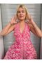 Fuchsia Color Gold Detailed Halter Neck Open Back Silk Jumpsuit - 7