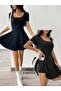 Women's Short Sleeve Square Collar Pocket Detailed Diving Suit Jumpsuit