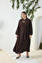Brown Dress with Elastic Detail at Waist and Cuff - 2
