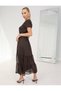 Buketli̇ Women's Below Knee Tulle Belted Pocketed V-Neck Short Sleeve Wide Cut Long Dress - 6