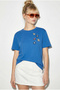 Women's Sky Blue 100% Cotton Premium Design T-Shirt with Handcrafted Floral Embroidery Detail 1005 60282050 - 3