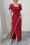 New Season Women's Short-Sleeved Square-Neck Crepe Dress with Cross-Cut Detail on the Front - 3