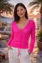 Women's Long Sleeve V-Neck Front Gathered Detailed Openwork Embroidered Casual Crop Fuchsia Knitwear Blouse - 7