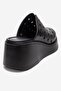 Nives Black Genuine Leather Perforated Women's Wedge Heeled Slippers - 5