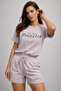 Women's Lilac Cotton Sporty Short Sleeve Oversize T-Shirt and Shorts Bottom Top Set Two Piece Set - 2