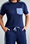 Women's Short Sleeve Denim Look Modal Set with Stripe Detail and Ornamental Pockets - 3