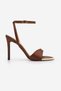 Women's Oval Toe Ankle Strap Gold Metal Frame Classic Heeled Sandals Dospin Brown Satin - 3