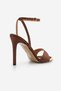 Women's Oval Toe Ankle Strap Gold Metal Frame Classic Heeled Sandals Dospin Brown Satin - 5