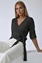 Brown double-breasted tie-up self-textured three-quarter sleeve blouse