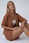 Brown Jacket Collar Oversize Linen Shirt and Tie-Up Shorts Skirt Set - 4